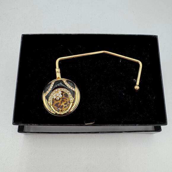 Purse Hanger Black Leopard Print Rhinestones Handbag Hook Portable Brass - Picture 6 of 8